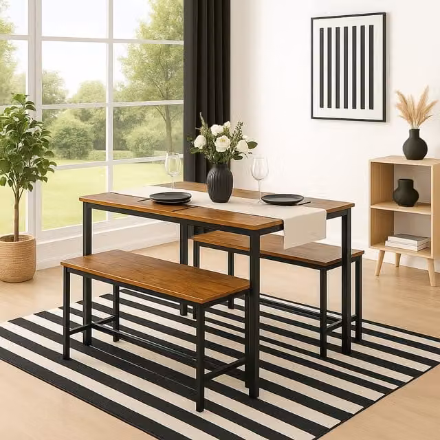 Harbour Housewares Modern 4 Seater Dining Set with Rectangular Wood Table and Chairs in Brown