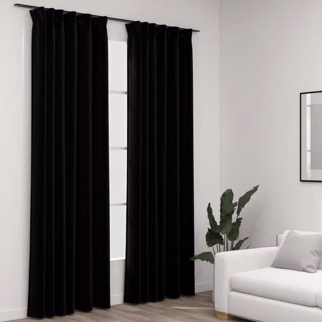Berkfield Linen-Look Blackout Curtains with Hooks, 2 Pack, Black, W: 140 cm, H: 245 cm – 1