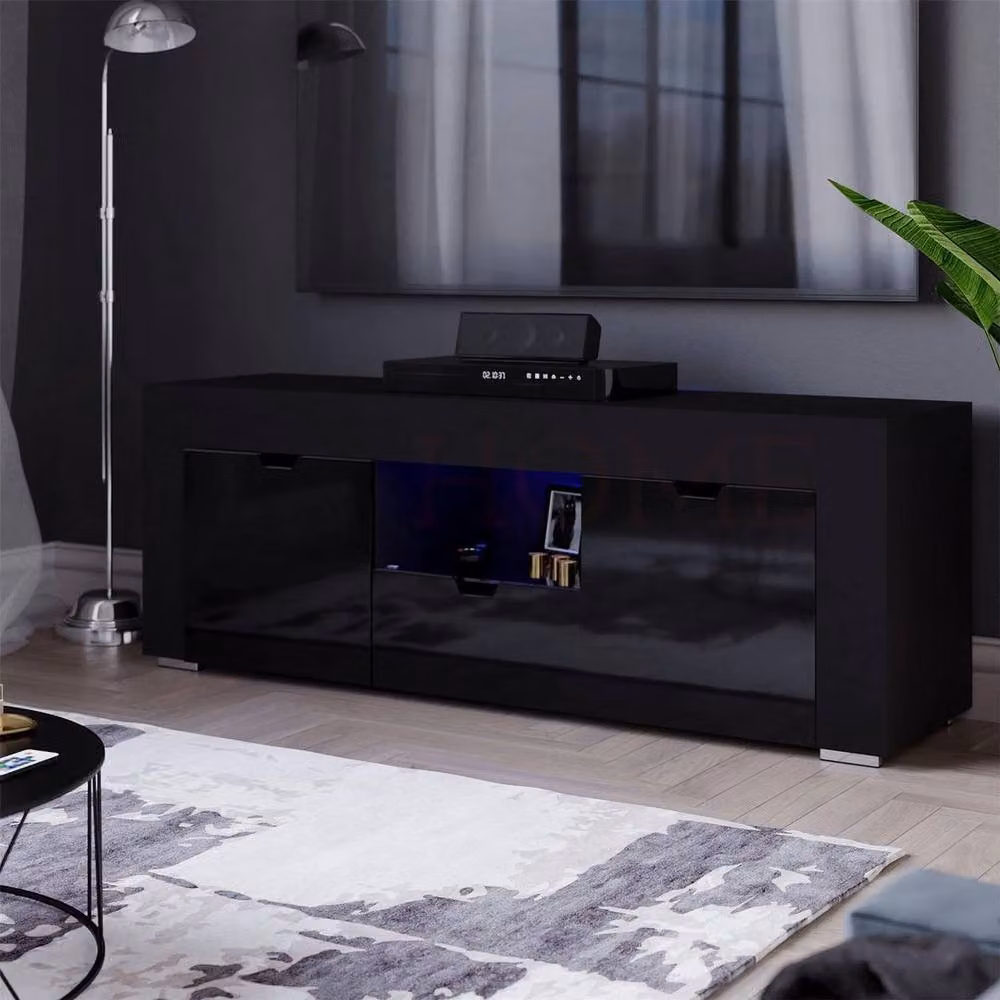 KORVIXA Modern Black Glossy LED TV Unit Cabinet with 2 Doors and 1 Drawer – 3