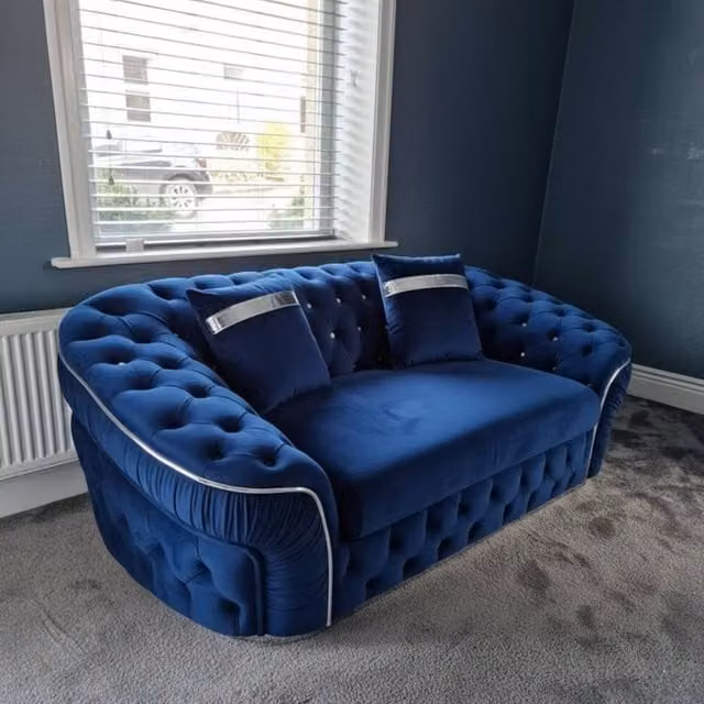 Stratus Interiors Ambassador Chesterfield 2 Seater Sofa in Blue Plush Velvet with Silver Trim – 1