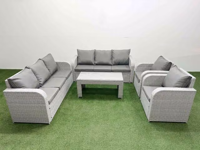 Fimous PE Rattan High Back Lounge Sofa Set in Light Grey with 3 Seater Sofa, Reclining Chair, and Oblong Coffee Table