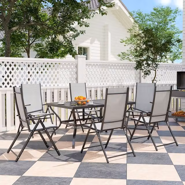 Outsunny Seven-piece Grey Garden Dining Set with Rectangular Metal Top Table and 6 Folding Chairs