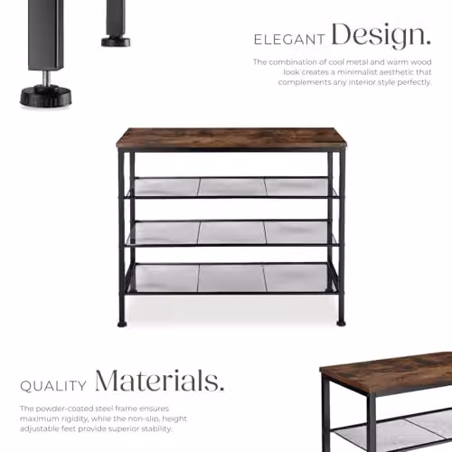 tectake Newport 4-Tier Industrial Shoe Rack with Wood-Look Top and 3 Mesh Shelves, Black and Brown, W: 80.5 cm, D: 30.5 cm, H: 72.5 cm – 3