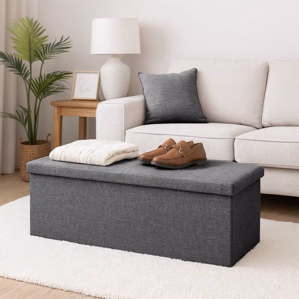 Harbour Housewares Foldable Grey Linen Storage Ottoman Bench, W/D/H: 111 x 37 x 39 cm – 9