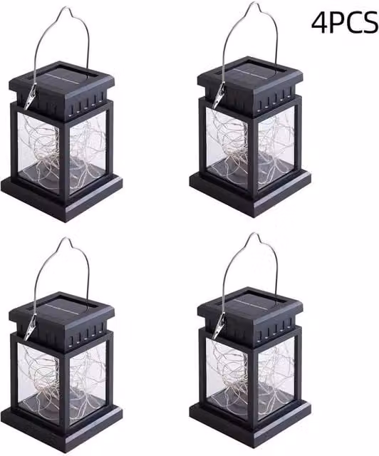 FLAVORA Set of 4 Solar LED Hanging Lanterns in Black with Warm White Light – 1