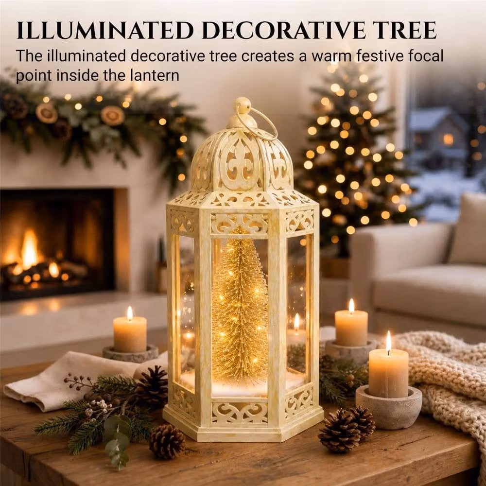 Shatchi Gold Battery Operated LED Christmas Lantern, Vintage Hexagonal Tabletop Design, Height: 30 cm – 5