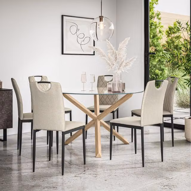 More4Homes Malvern Round Glass Dining Table Set with Solid Oak Legs and 6 Monza Linen Chairs in Beige