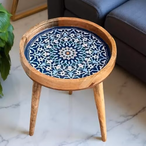 Hartsmede Marrakesh Round Mango Wood Side Table with Blue Glossy Enamel Top, W/D/H: 38 x 38 x 45.72 cm – 1