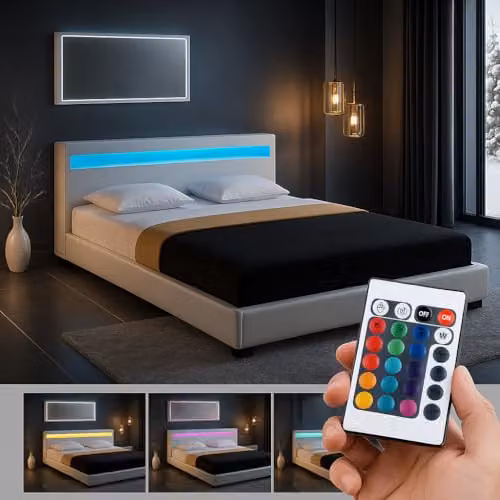 Harmin White Faux Leather Upholstered Double Bed Frame with LED Colour Changing Headboard and Under-Bed Lighting, W/D/H: 140 x 200 x 78 cm – 2