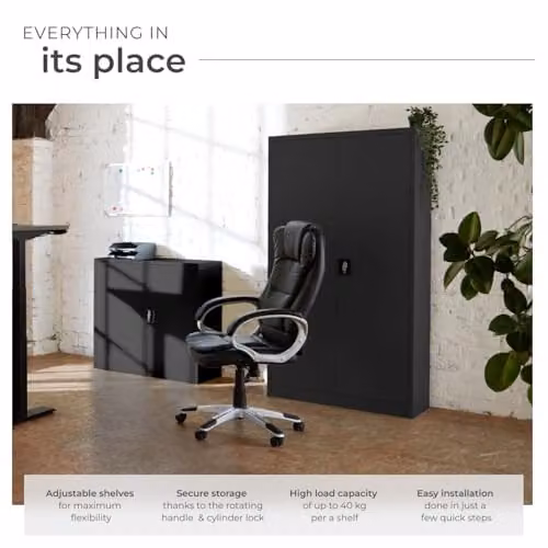 tectake Metal Lockable Filing Cabinet with Adjustable Shelves and Hinged Doors, Black or Grey, H 140 x W 90 x D 40 cm – 5