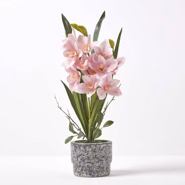Homescapes Pink Cymbidium Artificial Orchid in a Grey Concrete Pot, Height: 58 cm