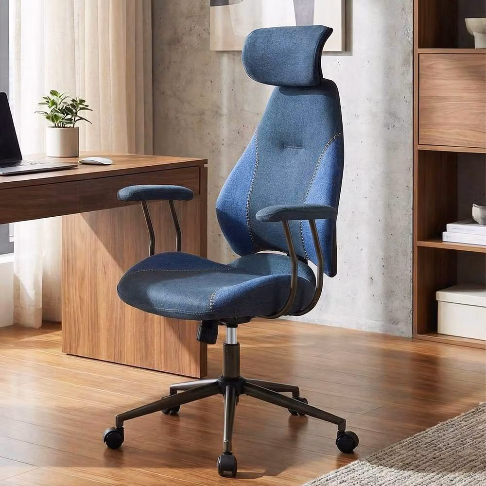Gymax Ergonomic Office Chair with Headrest and Rocking Backrest in Navy Blue Microfibre Fabric – 8