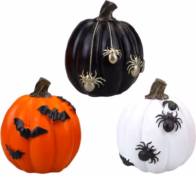 VFM e-Store Halloween Polyresin Pumpkin Tabletop Decor, 3 Pack, Black, Orange and White