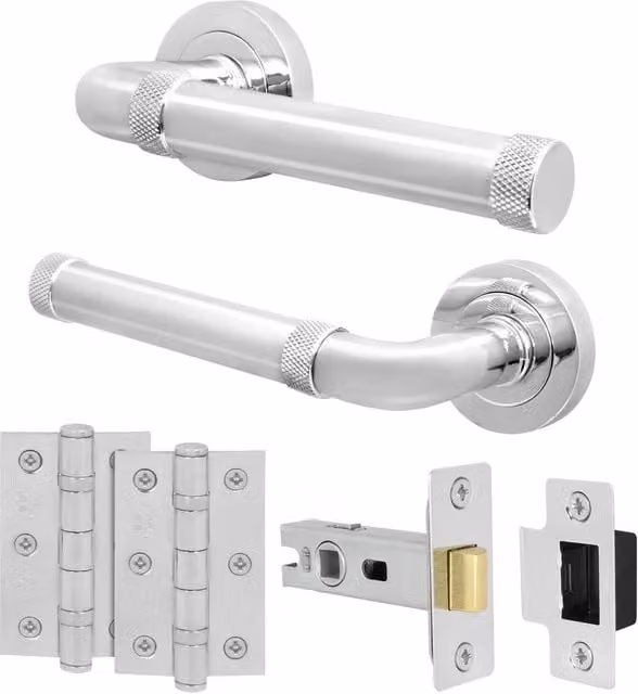 AFIT Chrome Door Handle Latch Set in Silver with Aluminium Hinges, Size: 150 x 150 mm