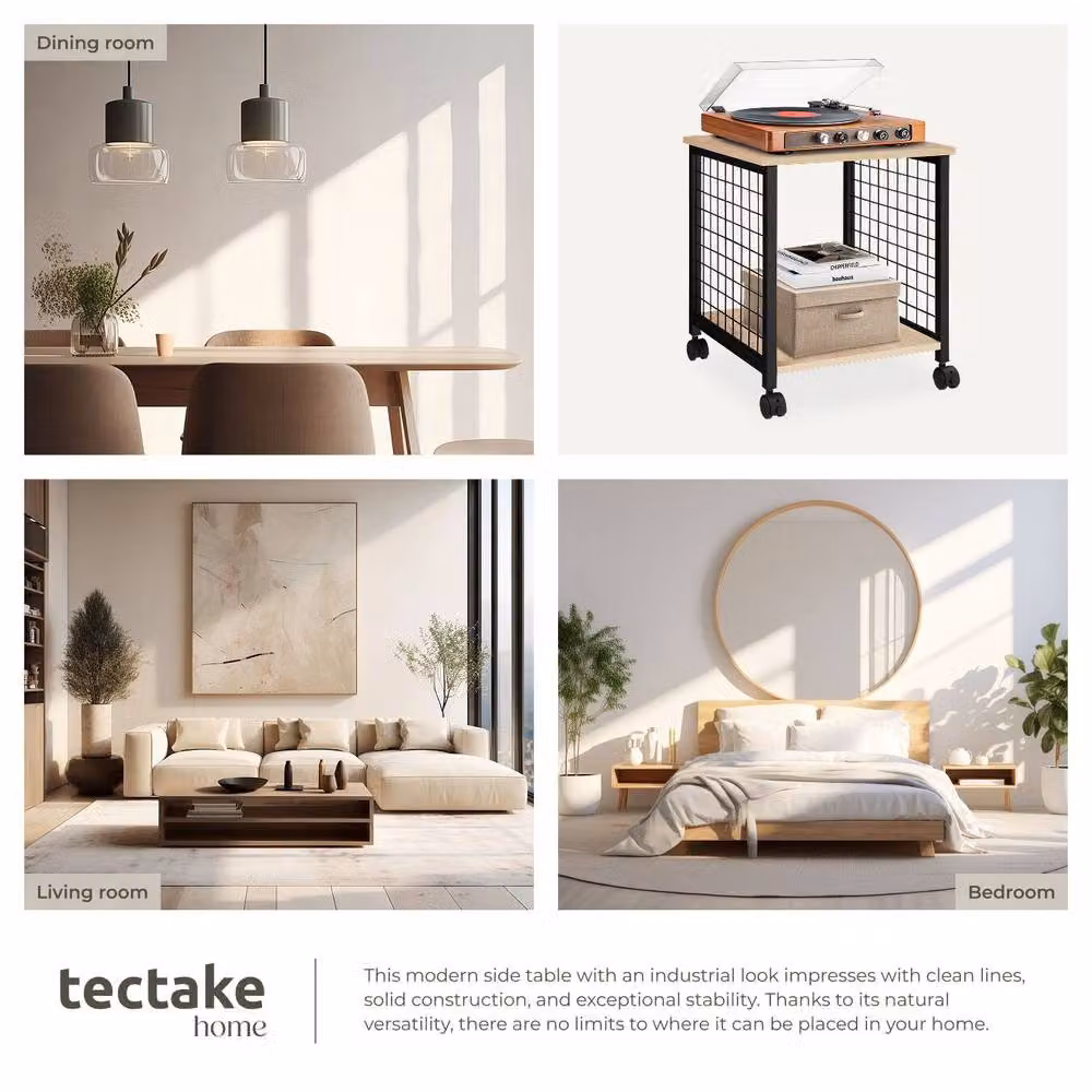 tectake Gary Bedside Table in Light Oak with Castors and Media Compartments – 5