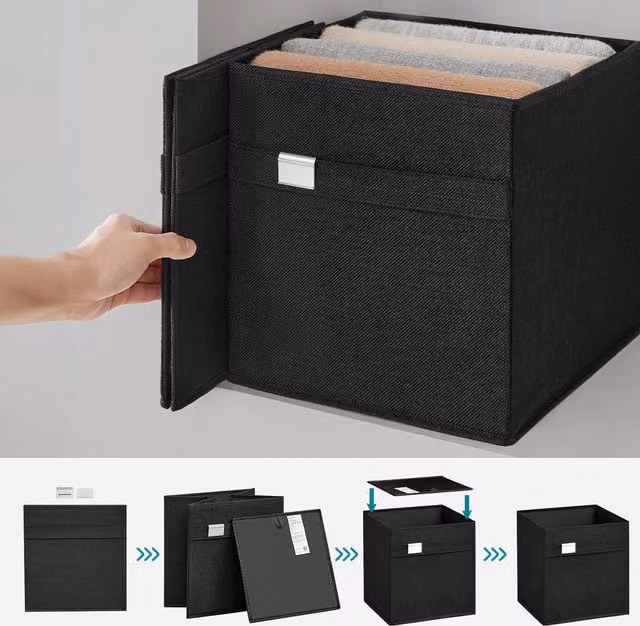 SONGMICS Set of 4 Foldable Fabric Cube Storage Boxes with Handles and Label Holders, Black, W: 30.0 cm, D: 30.0 cm, H: 30.0 cm