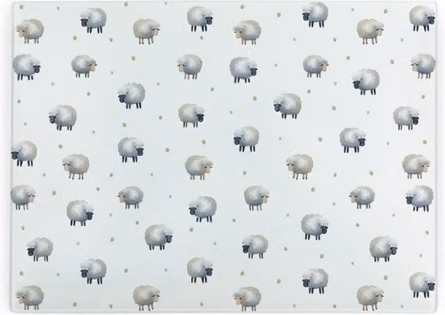 Purely Home Spring Sheep Large Rectangular Smooth Glass Worktop Protector and Chopping Board in Grey and White