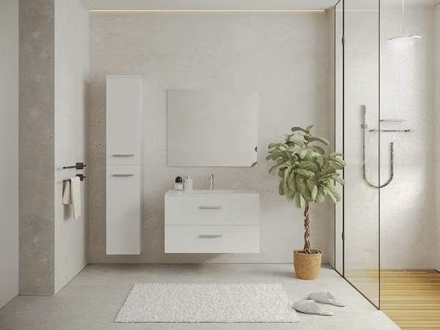 Vente-unique Wall-Mounted White Bathroom Column with Hinged Doors and Internal Shelves, H 160 x W 30 x D 25 cm