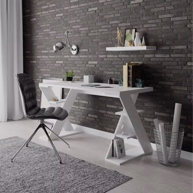 Decortie Papillon Modern Writing Desk with Bookshelf Legs, White, W/D/H: 137 x 75 x 60 cm
