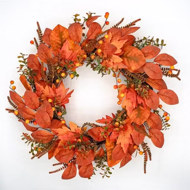 BOSK Copper Leaf Autumn Wreath with Warm White LED Microbulbs in Orange and Gold, Diameter: 66.04 cm – 1