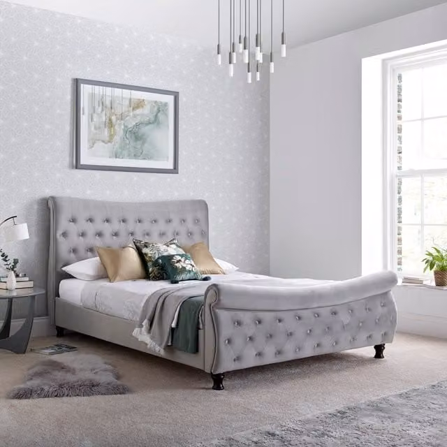 Bedmaster Grey Velvet Chesterfield Upholstered Sleigh Bed W: 140 cm, L: 200 cm