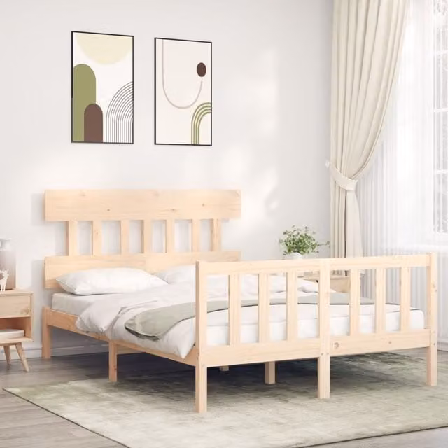 Berkfield Home Solid Wood Pine Bed Frame with Headboard in Brown, W/D/H: 140 x 190 cm