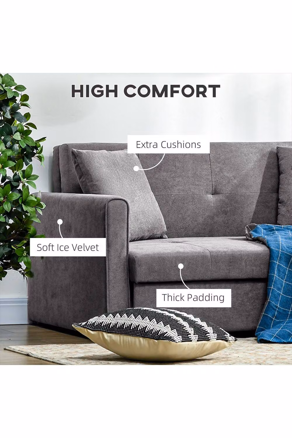 ERGOVEXA Snow Flannel Two-Seater Sofa Bed in Grey with Storage and Pull-Out Function, W/D/H: 152 x 78 x 45 cm – 3