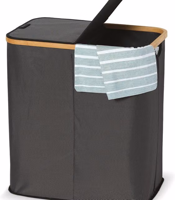 DomoPak Laundry Hamper with 2 Compartments in Grey with Bamboo and Fabric