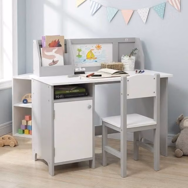 STILVORA Kids Desk and Chair Set with Whiteboard in Grey – 1