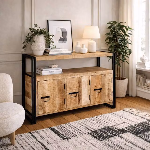 Wyld Haus Toivakka Industrial Reclaimed Wood and Iron 3-Door Sideboard in Brown – 1