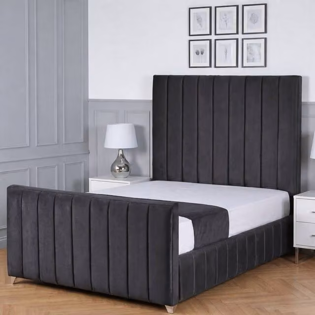 Living Comfort Bedz Zenith Single Plush Velvet Upholstered Bed with Slatted Base and 48 Inch Headboard in Charcoal Grey
