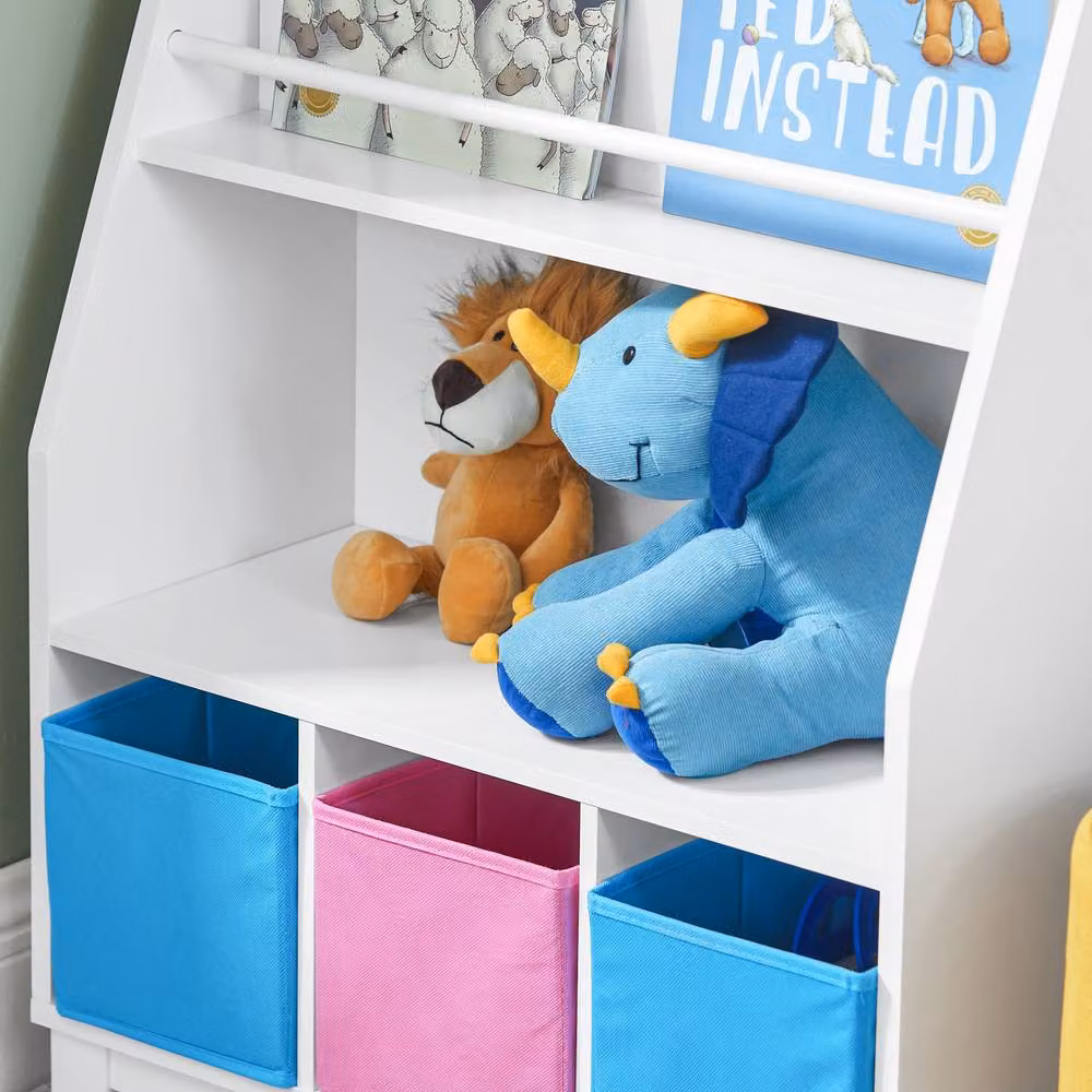 SoBuy Kids Bookcase with 3 Fabric Baskets in White and Grey – 3