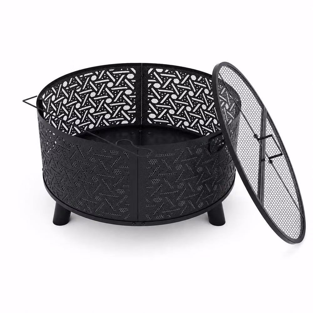 Teamson Home Black Steel Outdoor Garden Fire Pit with Spark Guard, Diameter: 71 cm – 5