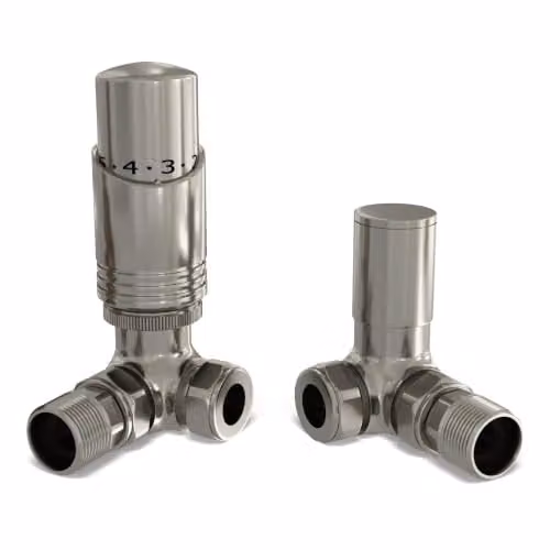 UK Radiators Talus Bold Angled Thermostatic Radiator Valve and Lockshield Set in Silver Nickel with 1/2" x 15mm Brass Fittings