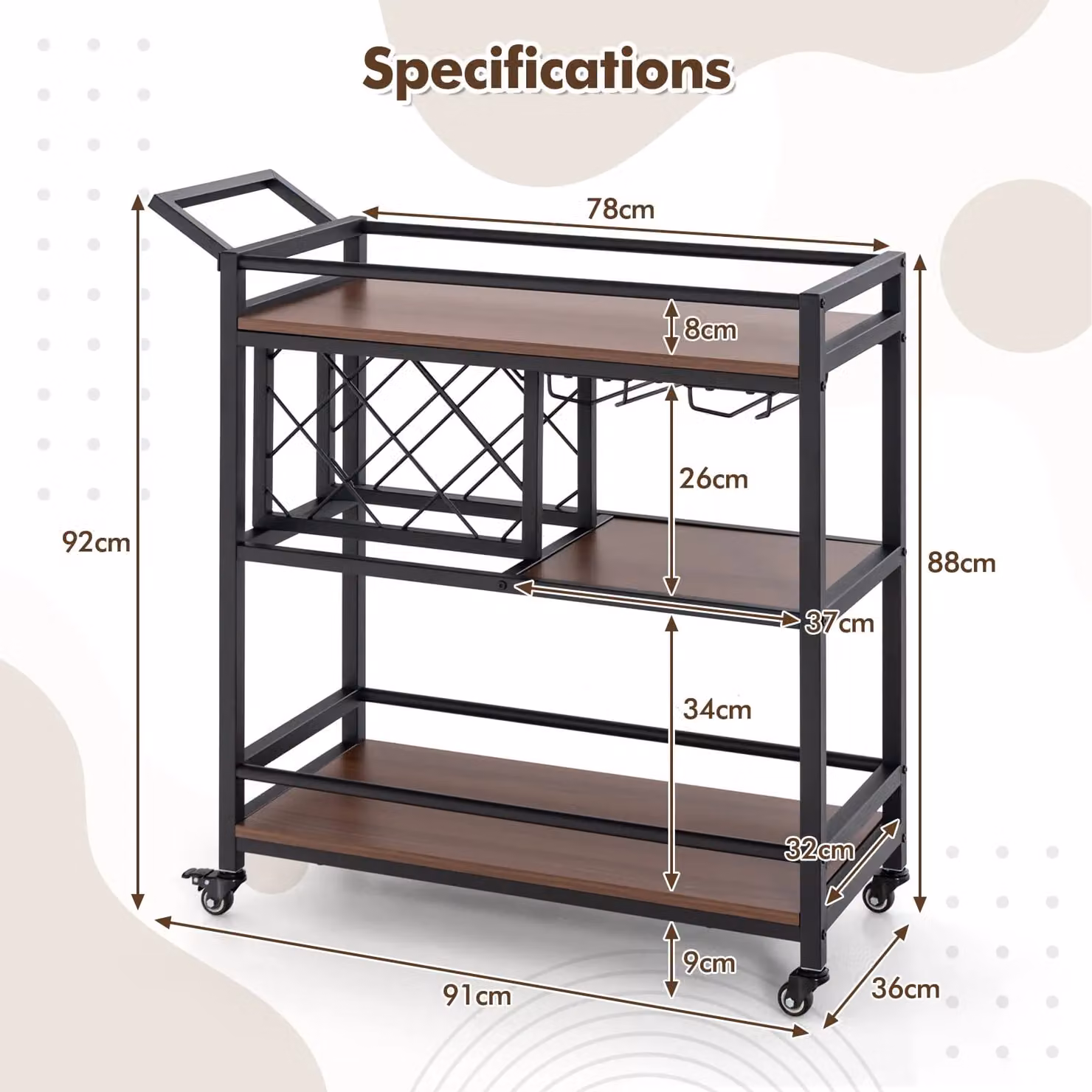 Costway 3-Tier Industrial Metal and Glass Kitchen Serving Cart with Wine Racks in Brown – 5