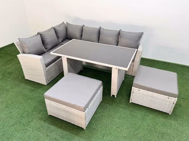 Fimous 8 Seater Wicker Rattan Corner Sofa Set with Large Footstool in Light Grey