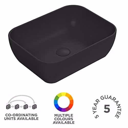 nuie NBV458 Luxe Vessel Modern Bathroom Square Countertop Ceramic Basin Sink, Black, W: 45.5 cm, D: 13.5 cm, H: 32.5 cm – 5