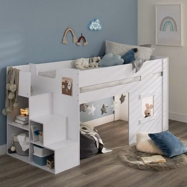 Flair Marlowe Mid Sleeper Bed with Steps, Side Compartments and Bedside Shelf in White