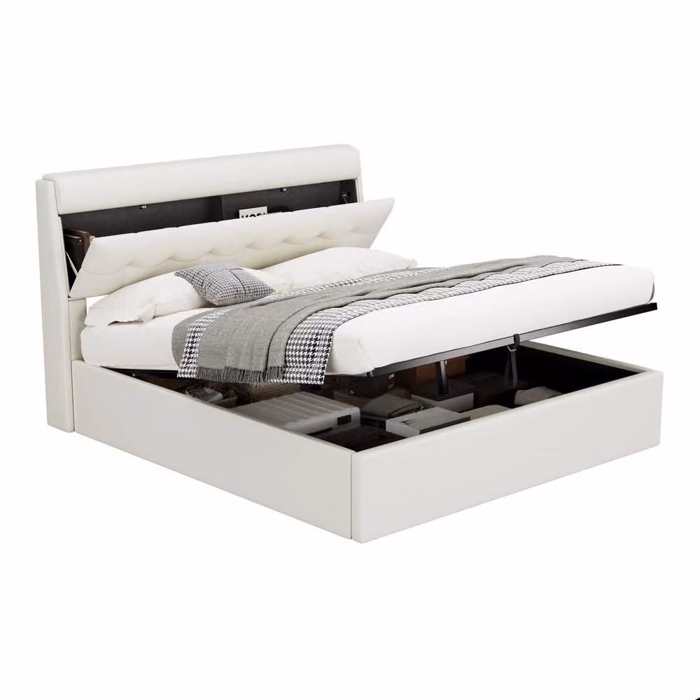 Rolipo Cream White Upholstered Double Hydraulic Storage Bed with Slats, W/D/H: 140 x 200 cm – 4
