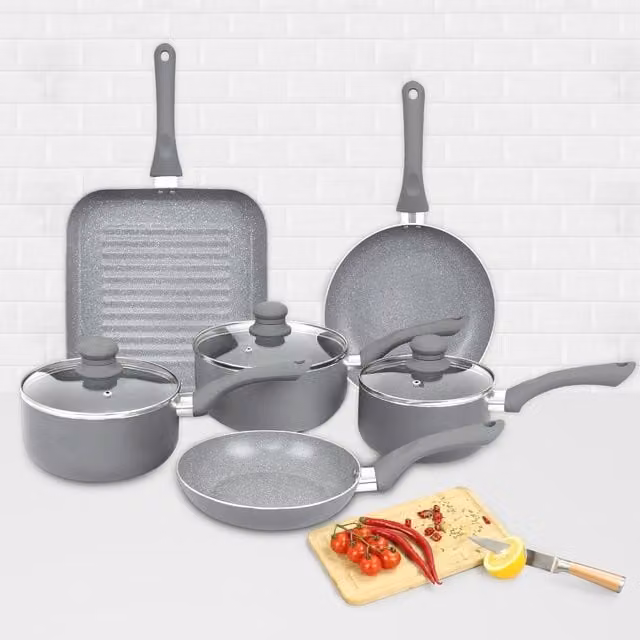 Gr8 Home 9 Piece Grey Marble Non Stick Aluminium Pan Set with Saucepan and Frying Pan – 1