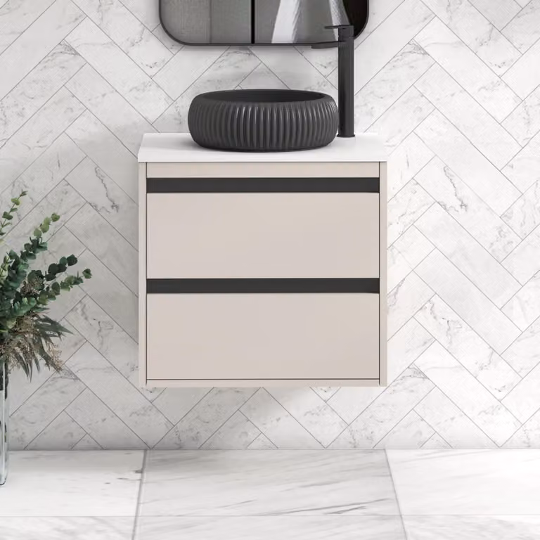 Royal Bathrooms Orion 600mm Wall Hung Vanity Unit in Warm Taupe with Milan Black Basin and Black Accent Trim