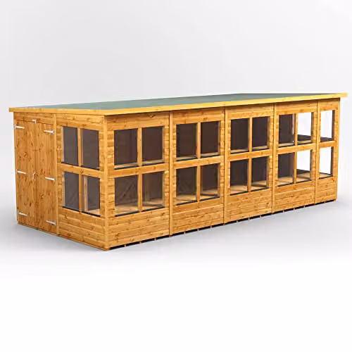 POWER Premium Pent Wooden Greenhouse Shed in Brown with Double Doors and Tempered Glass Windows – 1