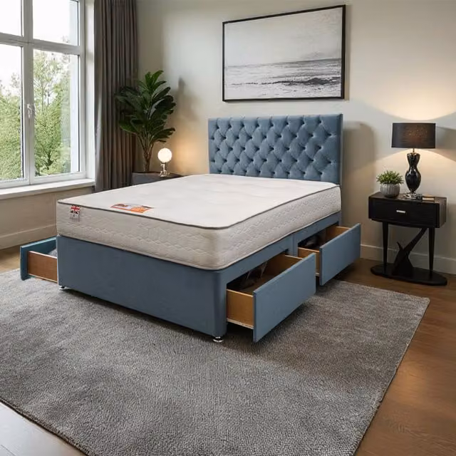 Knight Sleep Athens Plush Bed Set with Mattress and Headboard in Blue, Superking, W/D/H: 200 x 160 x 61 cm