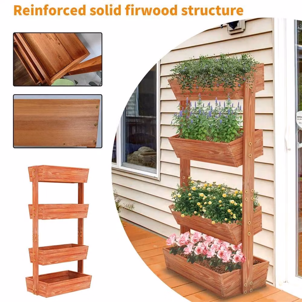 KORVIXA 4 Tier Large Vertical Raised Garden Bed in Brown, W/D/H: 140 x 65 x 40 cm – 4