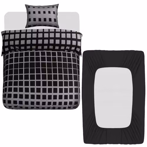 Grace 4 Piece Single Duvet Cover Set with Matching Fitted Sheet in Black or Grey, Reversible Microfibre Bedding Set, W/D/H: 135 x 200 cm, 50 x 75 cm, 90 x 190 cm – 1