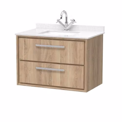 Balterley Wall Hung Bathroom Vanity Unit with Marble Top Basin and 2 Soft Close Drawers, Light Oak, W: 82.0 cm, D: 47.0 cm, H: 61.7 cm