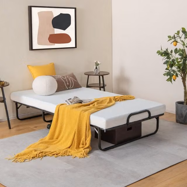 COSTWAY White Metal Frame Folding Rollaway Bed with Foam Mattress