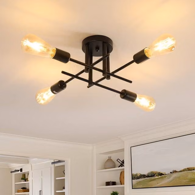 COMELY Industrial 4-Light Sputnik Chandelier, Black Metal Ceiling Light with E27 Fitting – 1