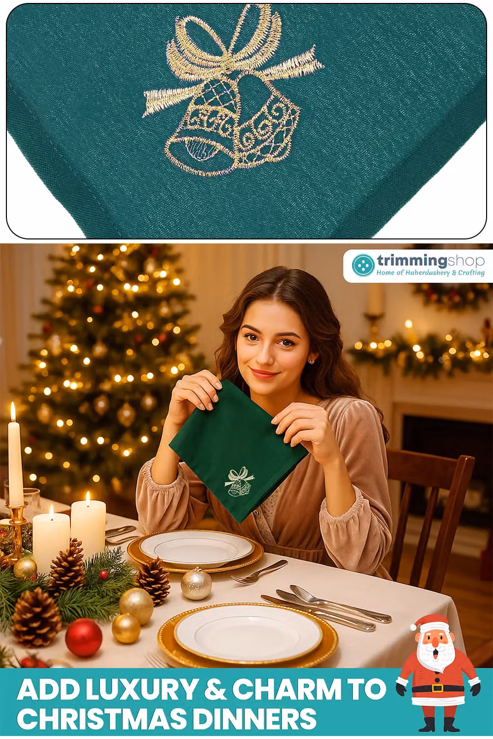 Neel Blue Christmas Table Napkins with Jingle Bell Embroidery, Blue, Green and Gold, 10 Pack – 6