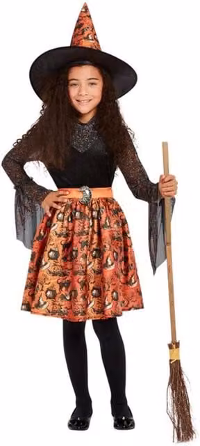Smiffys Girls Vintage Witch Halloween Costume Set in Orange, Black and Brown